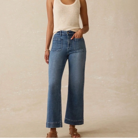 Faherty Denim - Faherty Wide Leg Crop Denim Jeans Stretch Terry Blue Size 26